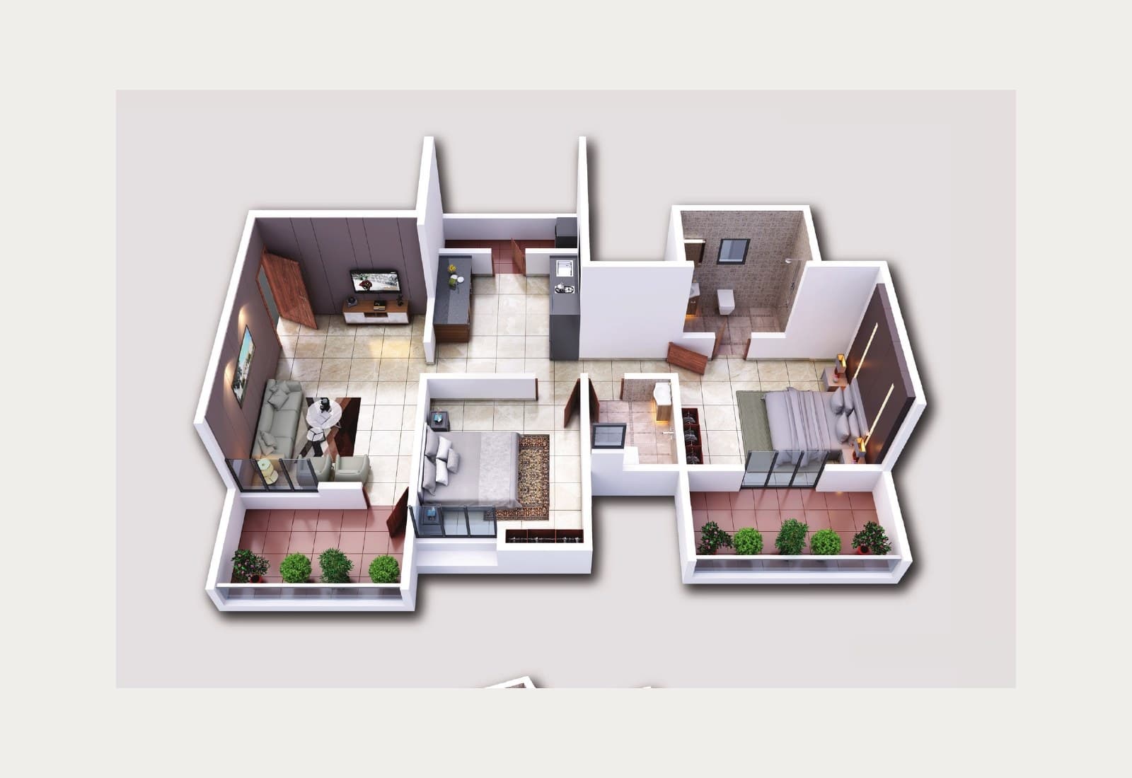 Royal Paradise — Typical 2 BHK, about 800 ft² marketed · 3D view