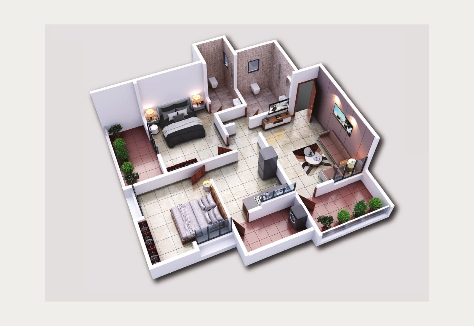 Royal Paradise — Typical 2 BHK, about 840 ft² marketed · 3D view