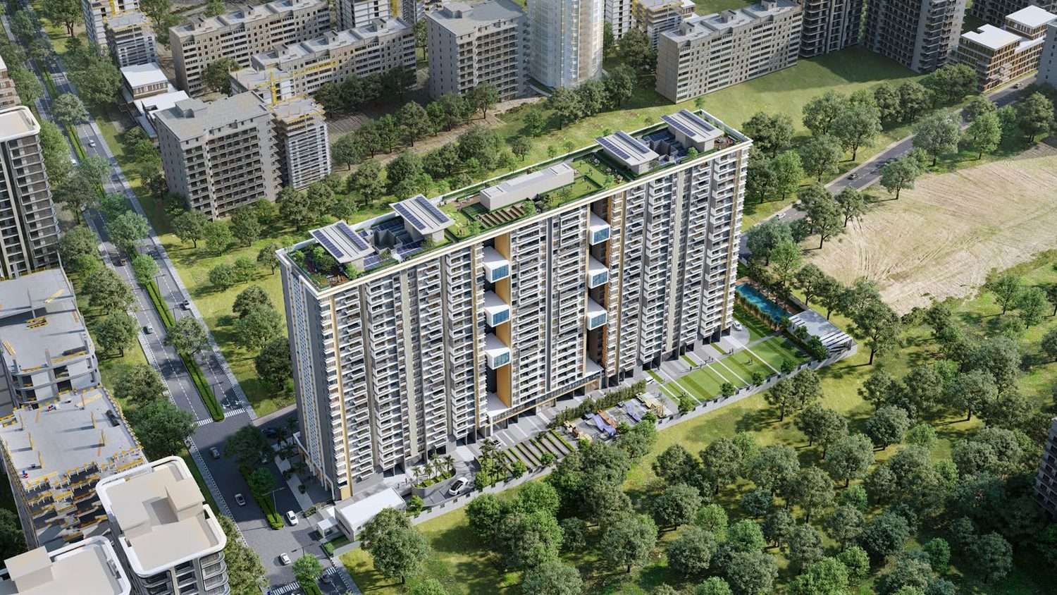 Aerial three-quarter view of Treasure Troves, Wakad, Pune — artist's impression