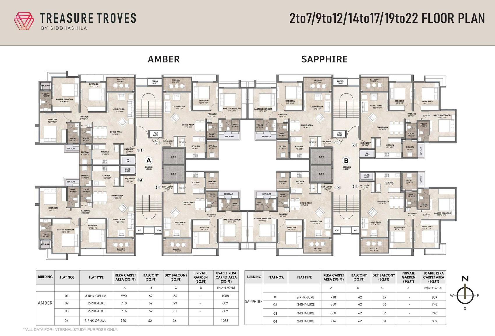 Typical floor plan for Amber and Sapphire towers at Treasure Troves, Wakad — floors 2 to 7, 9 to 12, 14 to 17 and 19 to 22