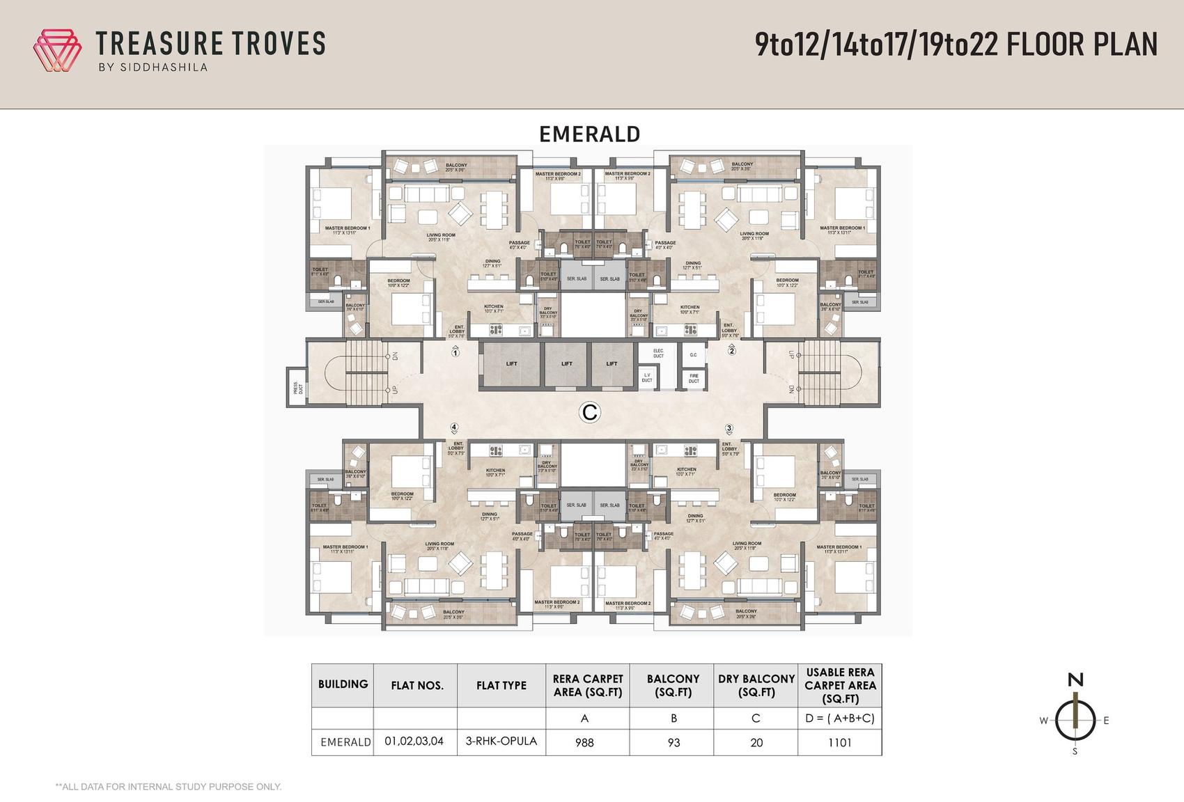 Typical floor plan for Emerald tower at Treasure Troves, Wakad — four 3 RHK Opula flats per floor