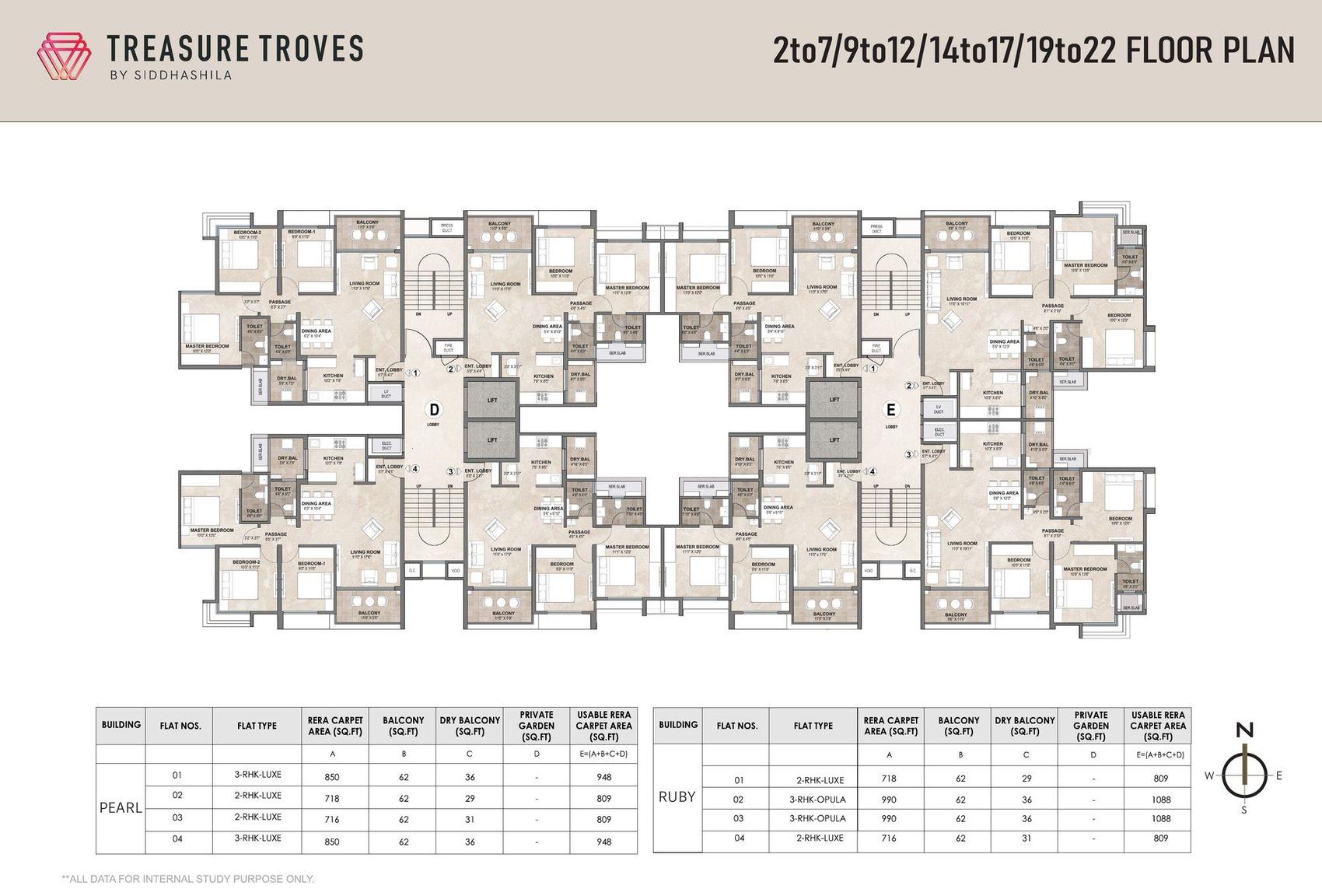 Typical floor plan for Pearl and Ruby towers at Treasure Troves, Wakad — mixed 2 and 3 RHK layouts