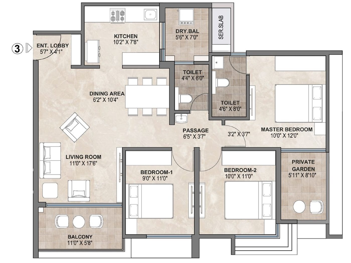 3 RHK Luxe garden variant floor plan at Treasure Troves, Wakad — 860 sq ft RERA carpet area, 1010 sq ft usable