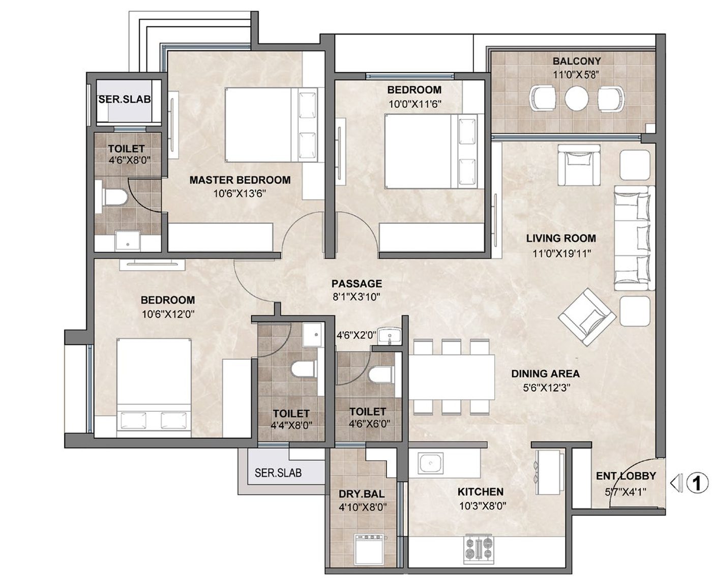 3 RHK Opula floor plan at Treasure Troves, Wakad — 990 sq ft RERA carpet area, 1088 sq ft usable