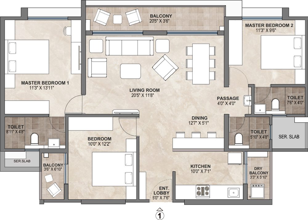 3 RHK Privè floor plan at Treasure Troves, Wakad — 1101 sq ft usable carpet area