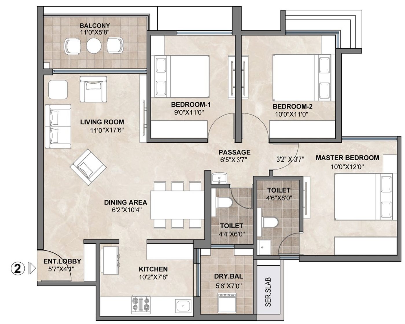 3 RHK Luxe floor plan at Treasure Troves, Wakad — 850 sq ft RERA carpet area, 948 sq ft usable